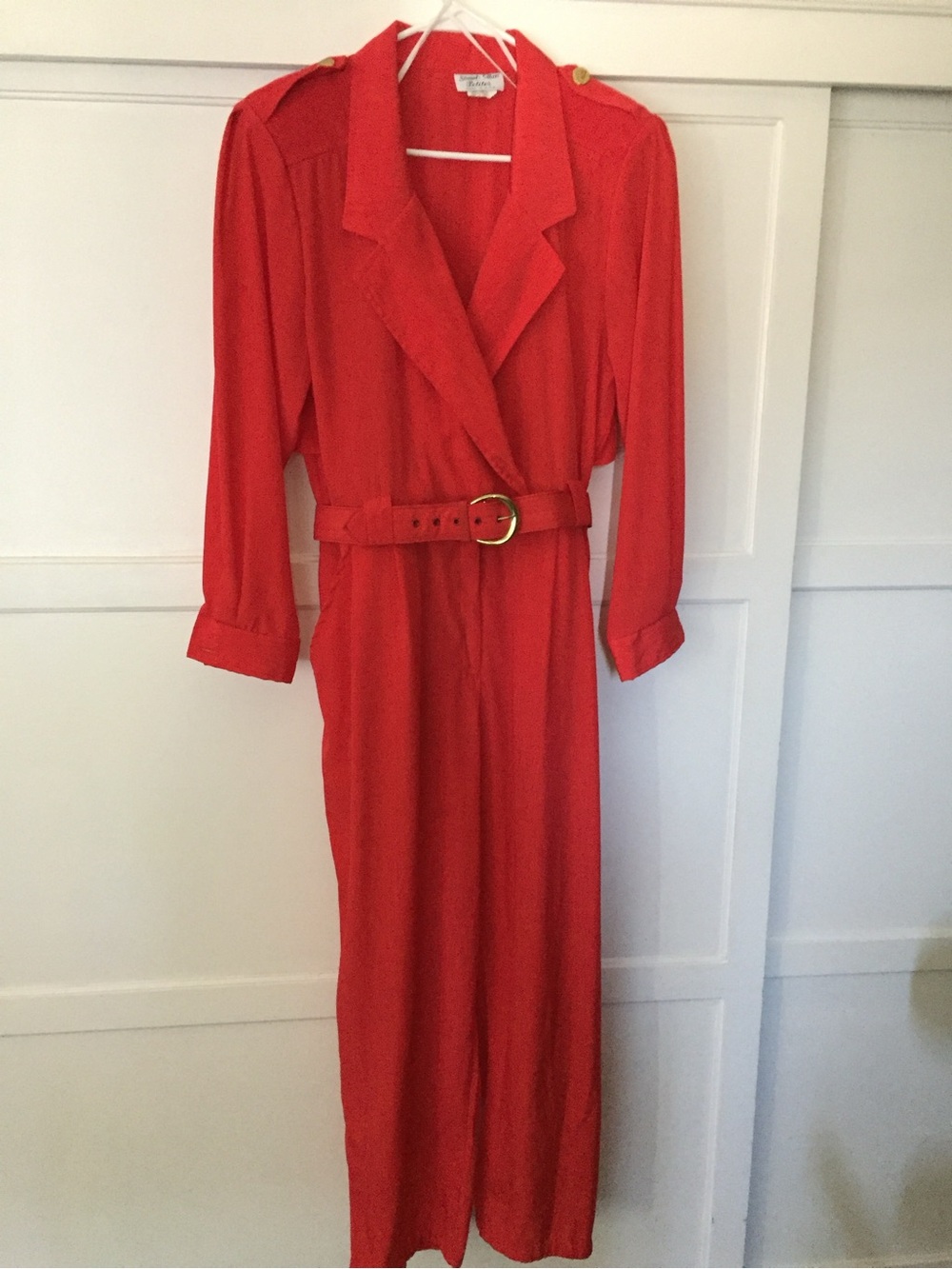 80s vintage Stuart Alan jumpsuit red military new wave petite 14 gold button EUC